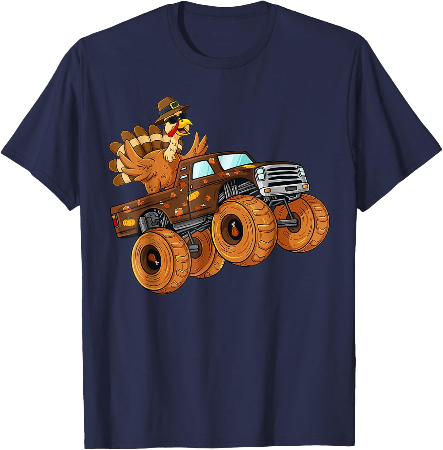Turkey Pilgrim Riding Monster Truck Thanksgiving Boys Kids T-Shirt - T-Shirt | Navy