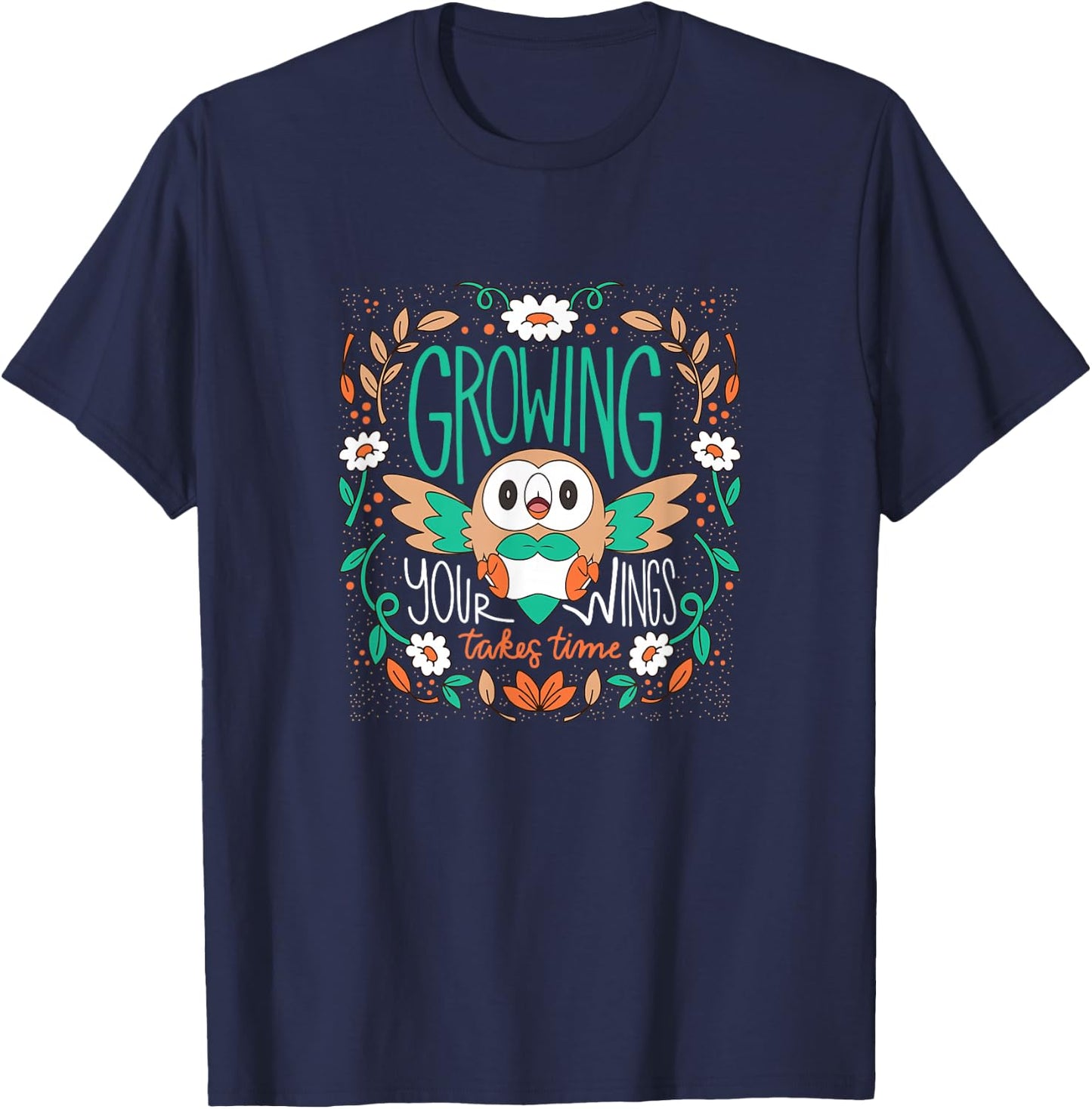 Pokemon - Rowlet Growing Your Wings Takes Time -Adults , Black, Small, Short Sleeve T-Shirt - T-Shirt | Navy