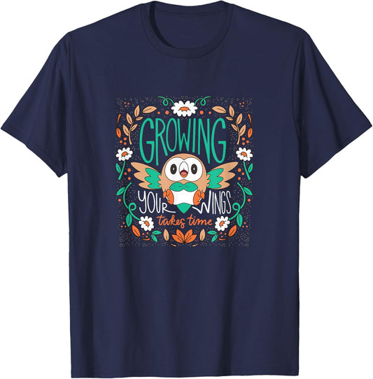 Pokemon - Rowlet Growing Your Wings Takes Time -Adults , Black, Small, Short Sleeve T-Shirt - T-Shirt | Navy