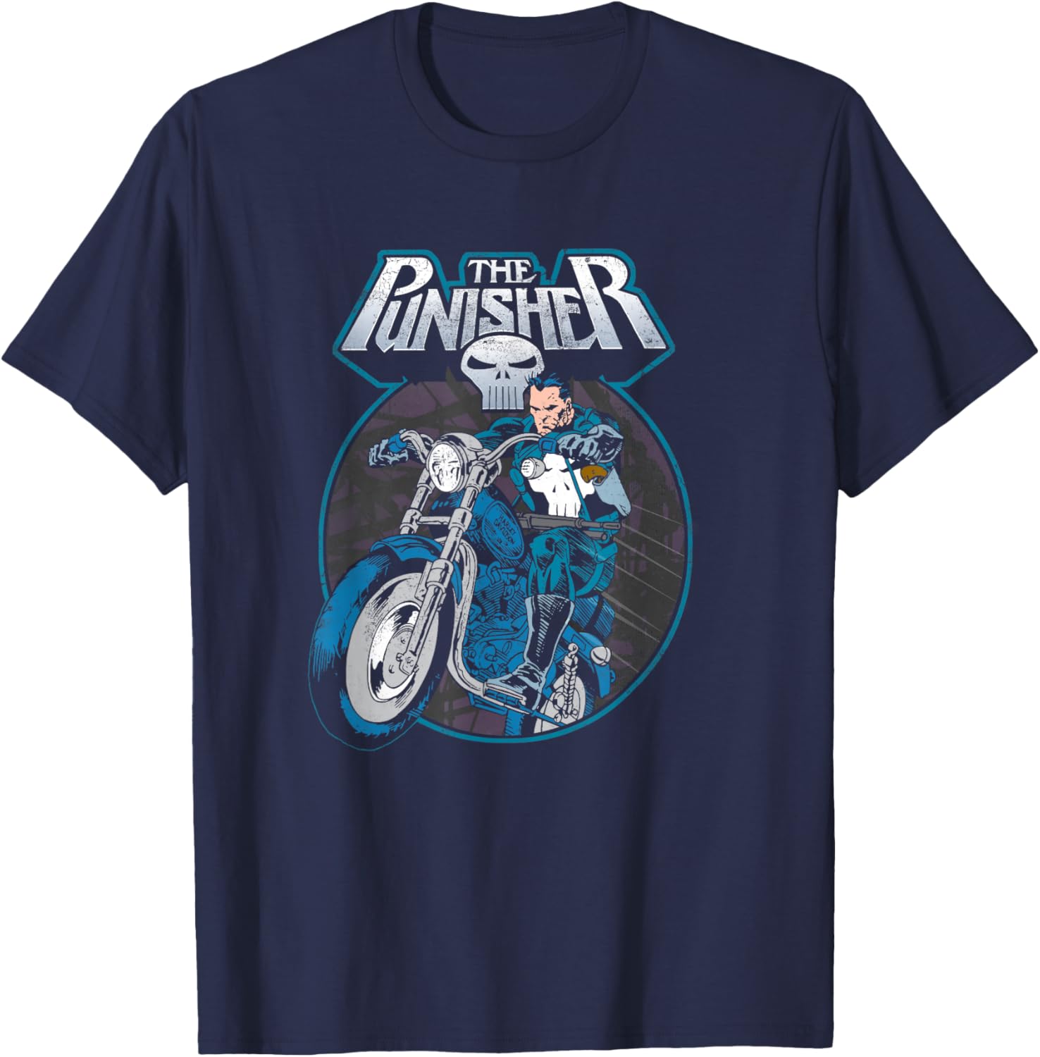 Marvel Punisher Frank Riding Motorcycle Vintage Portrait T-Shirt - T-Shirt | Navy