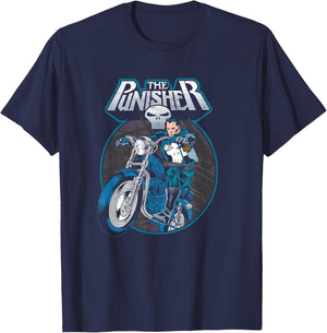 Marvel Punisher Frank Riding Motorcycle Vintage Portrait T-Shirt - T-Shirt | Navy