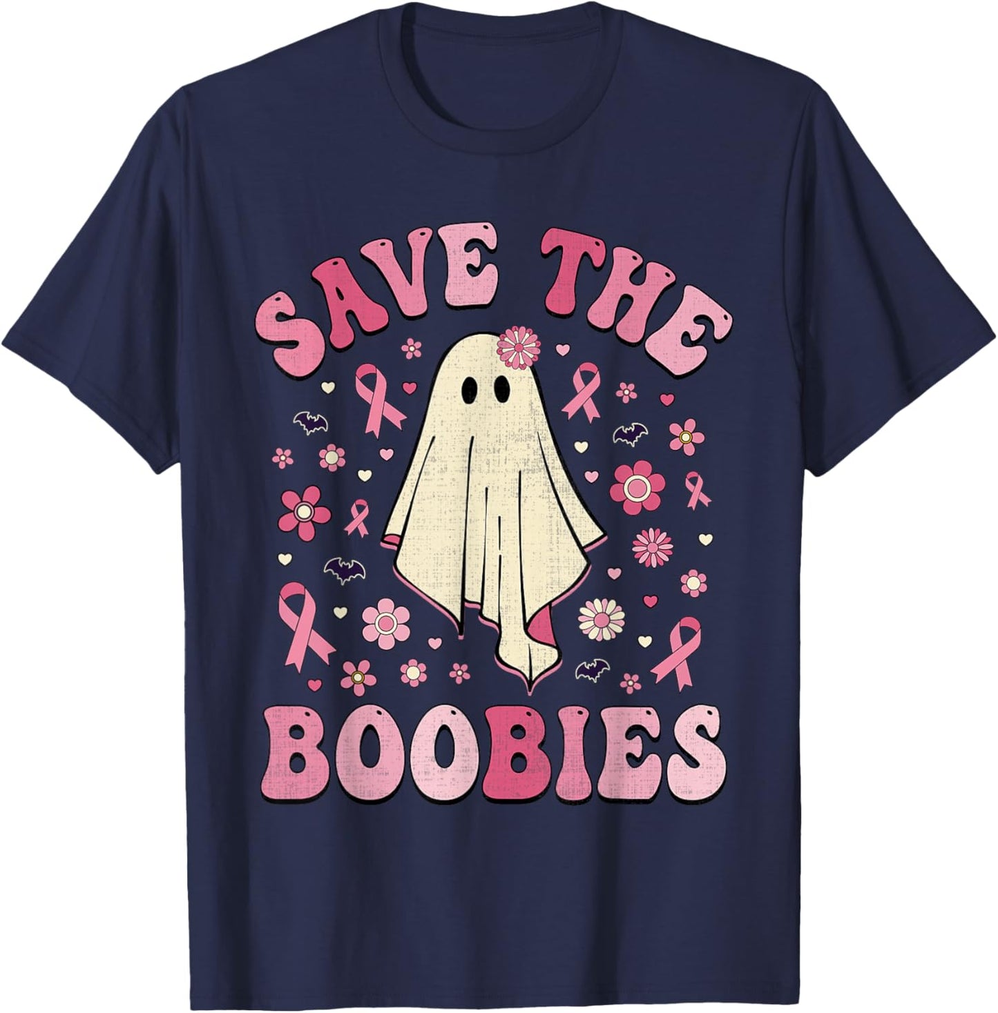 Save the Boobies Pink Halloween Ghost Breast Cancer Groovy T-Shirt - T-Shirt | Navy