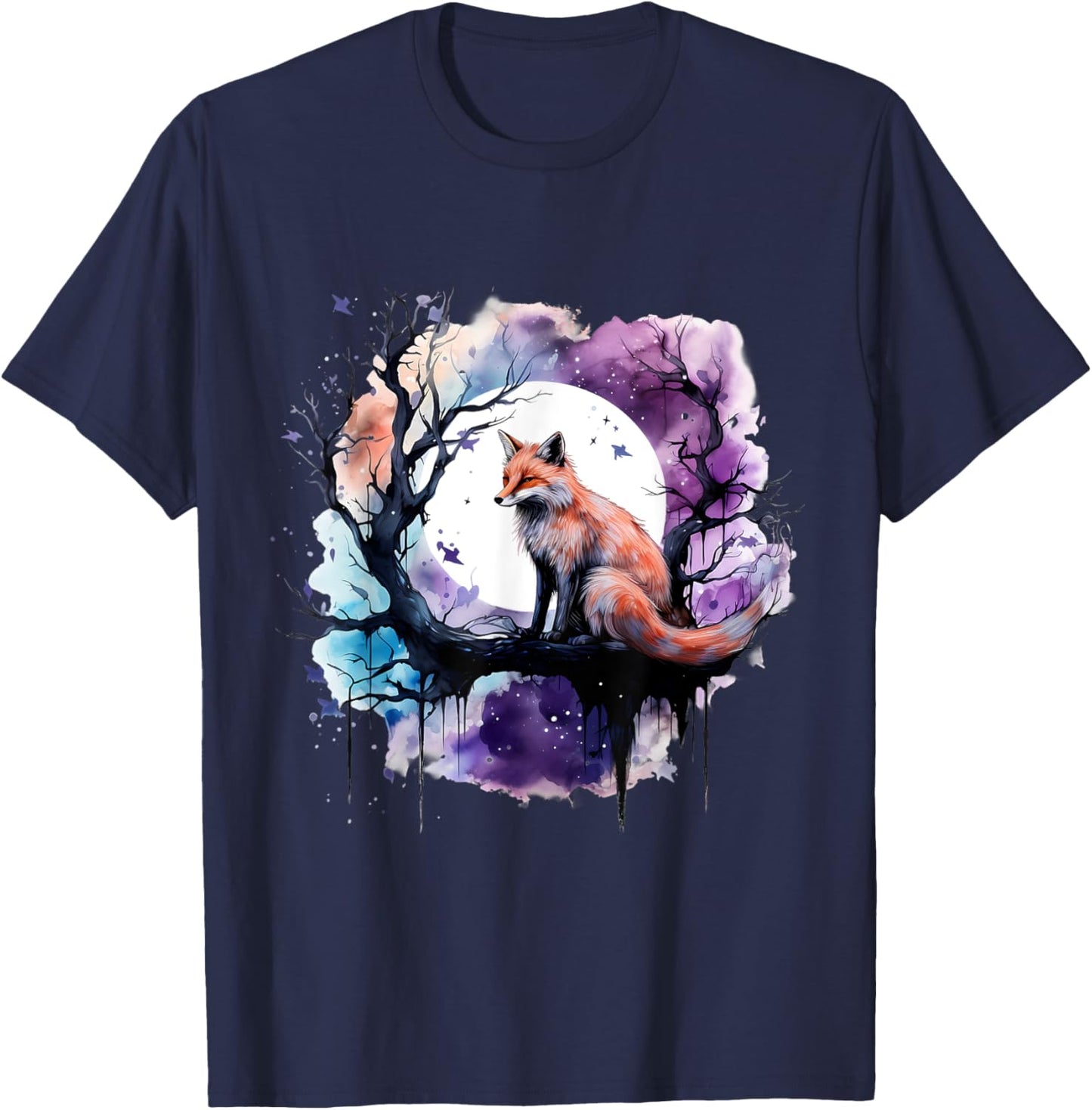 Fox Animal Art Wildlife Artwork Moon Nature Animal Lovers T-Shirt - T-Shirt | Navy