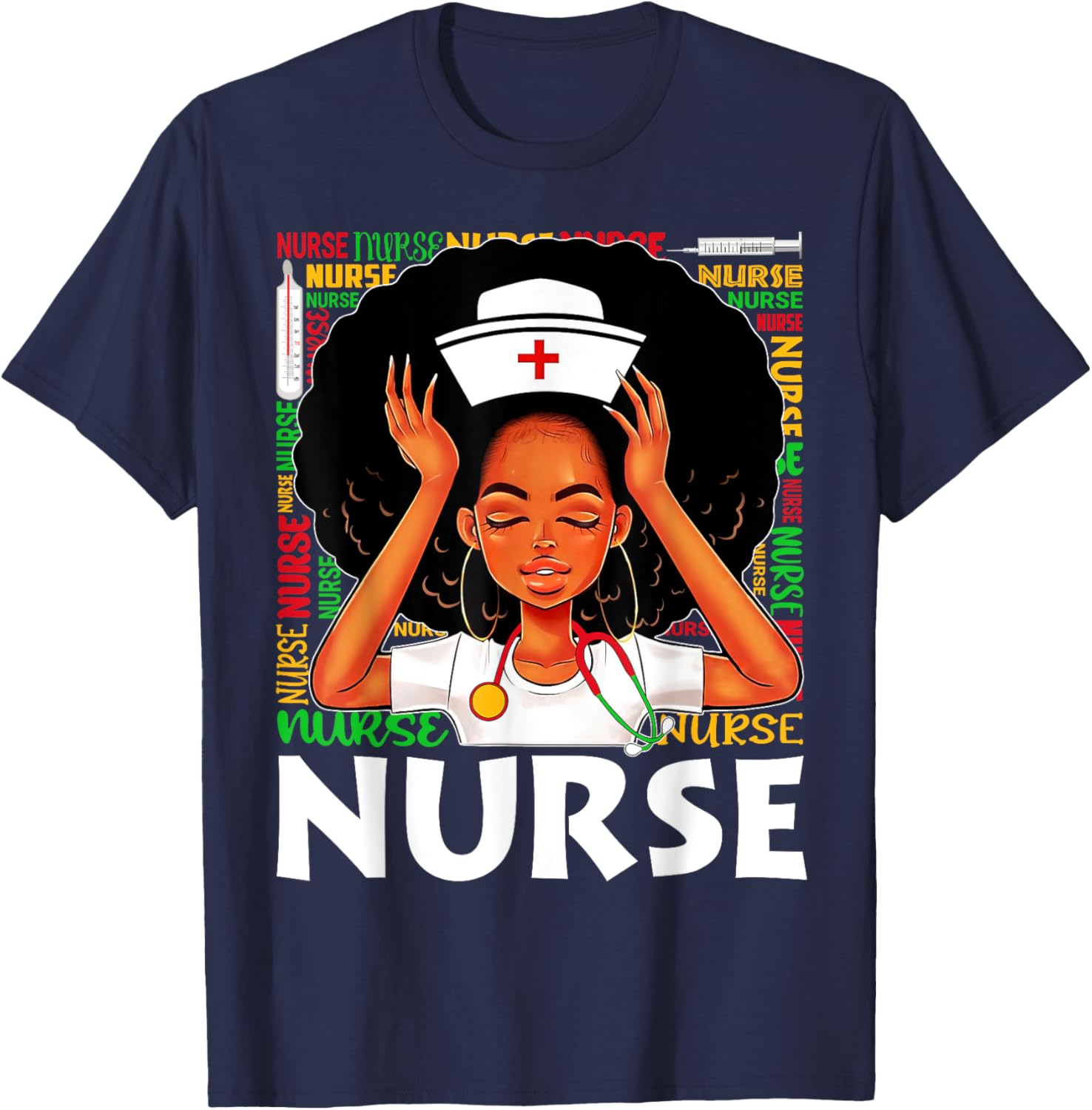 Black Nurse Afro Woman Juneteenth Black History Month T-Shirt - T-Shirt | Navy