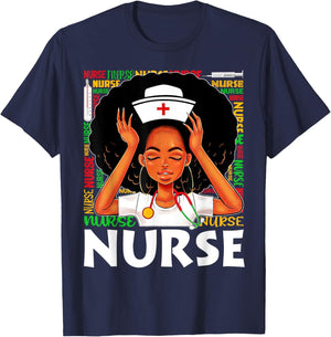 Black Nurse Afro Woman Juneteenth Black History Month T-Shirt - T-Shirt | Navy