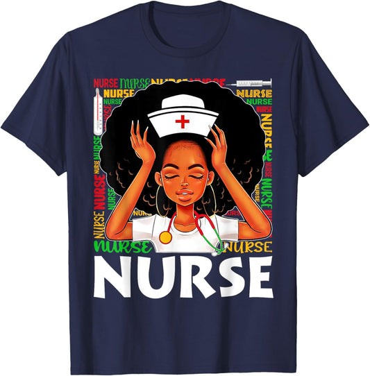 Black Nurse Afro Woman Juneteenth Black History Month T-Shirt - T-Shirt | Navy