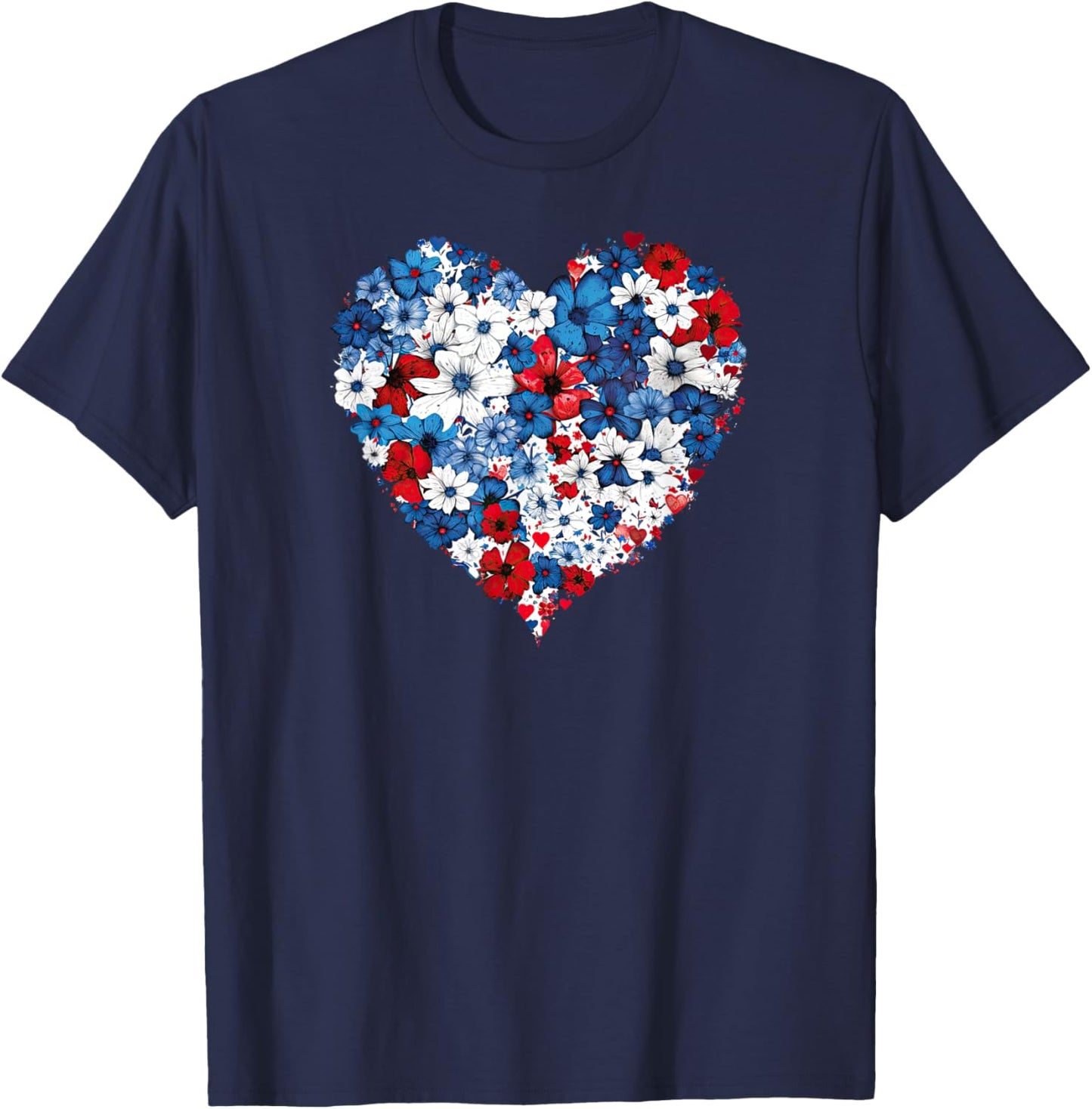 Floral Heart - Red White and Blue 4th of July Patriotic T-Shirt - T-Shirt | Navy