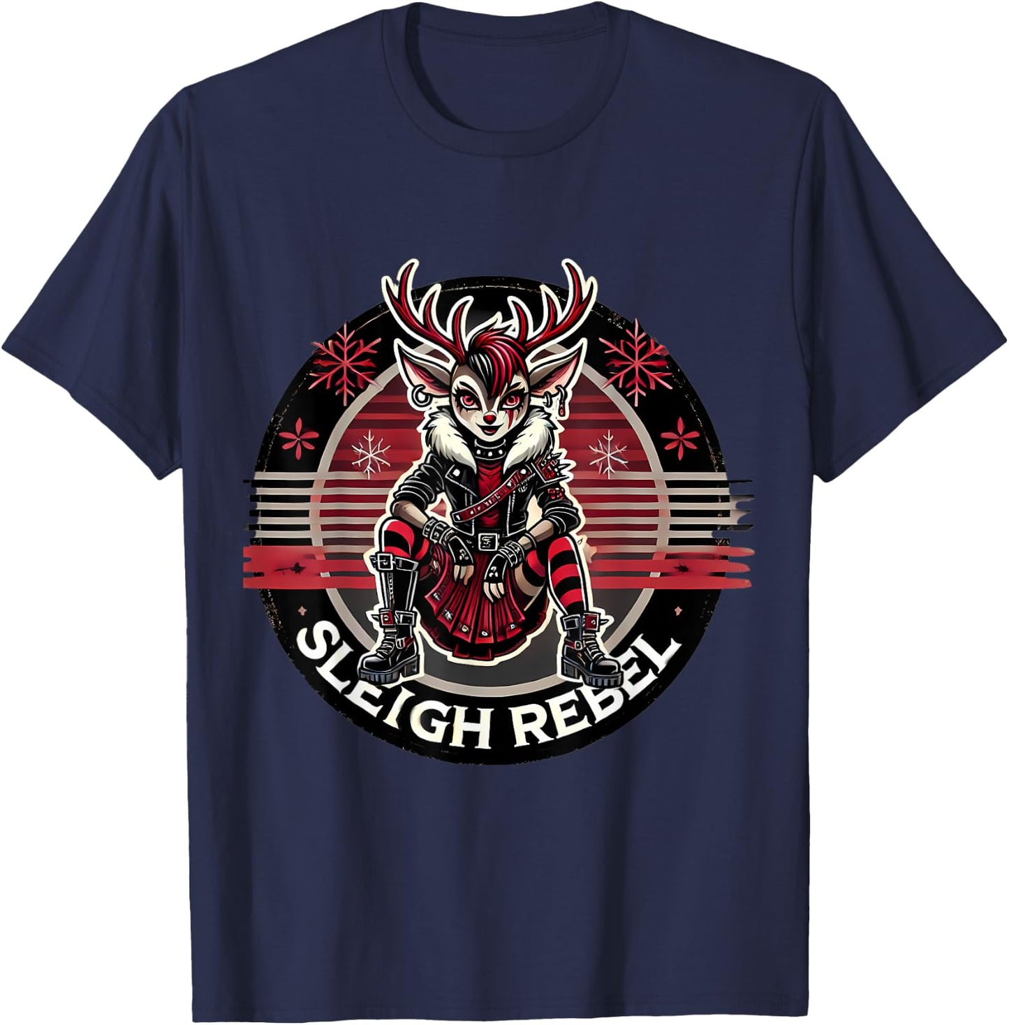 Sleigh Rebel Punk Gothic Reindeer Christmas Design T-Shirt - T-Shirt | Navy