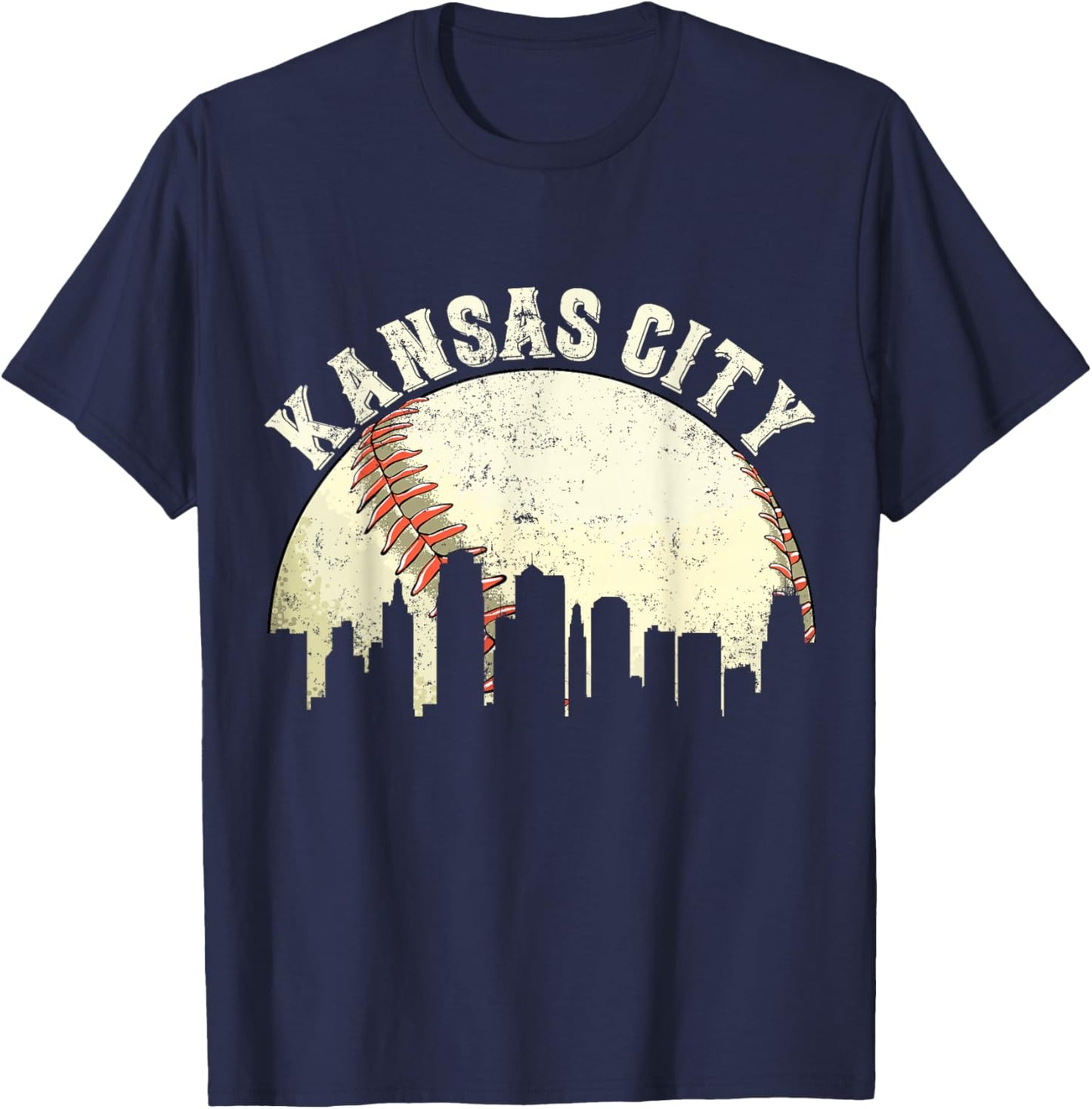 Vintage Kansas City Cityscape Baseball Lover Men Women Kids T-Shirt - T-Shirt | Navy