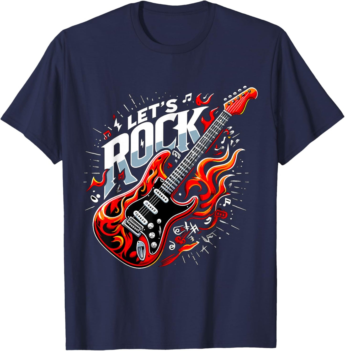 Electric Guitar Let's Rock and Roll Guitarist Band T-Shirt - T-Shirt | Navy