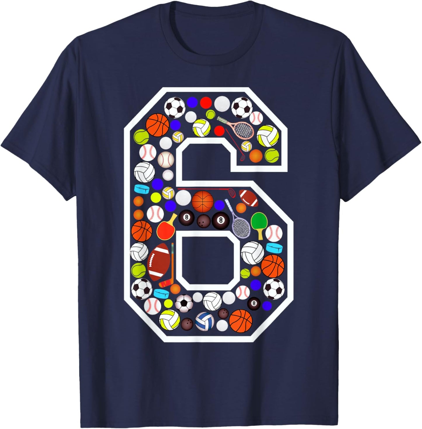 Kids 6th Birthday Sports Big Number Six 6 Year Old Boy T-Shirt - T-Shirt | Navy