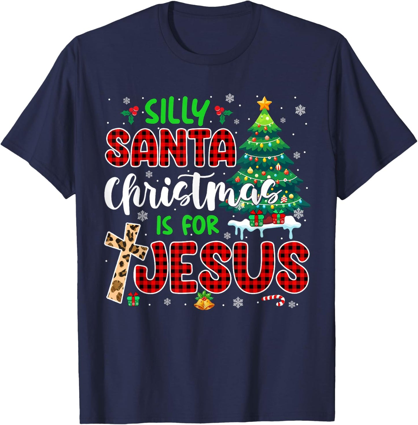 Silly Santa Christmas Is For Jesus Leopard Christian Cross T-Shirt - T-Shirt | Navy
