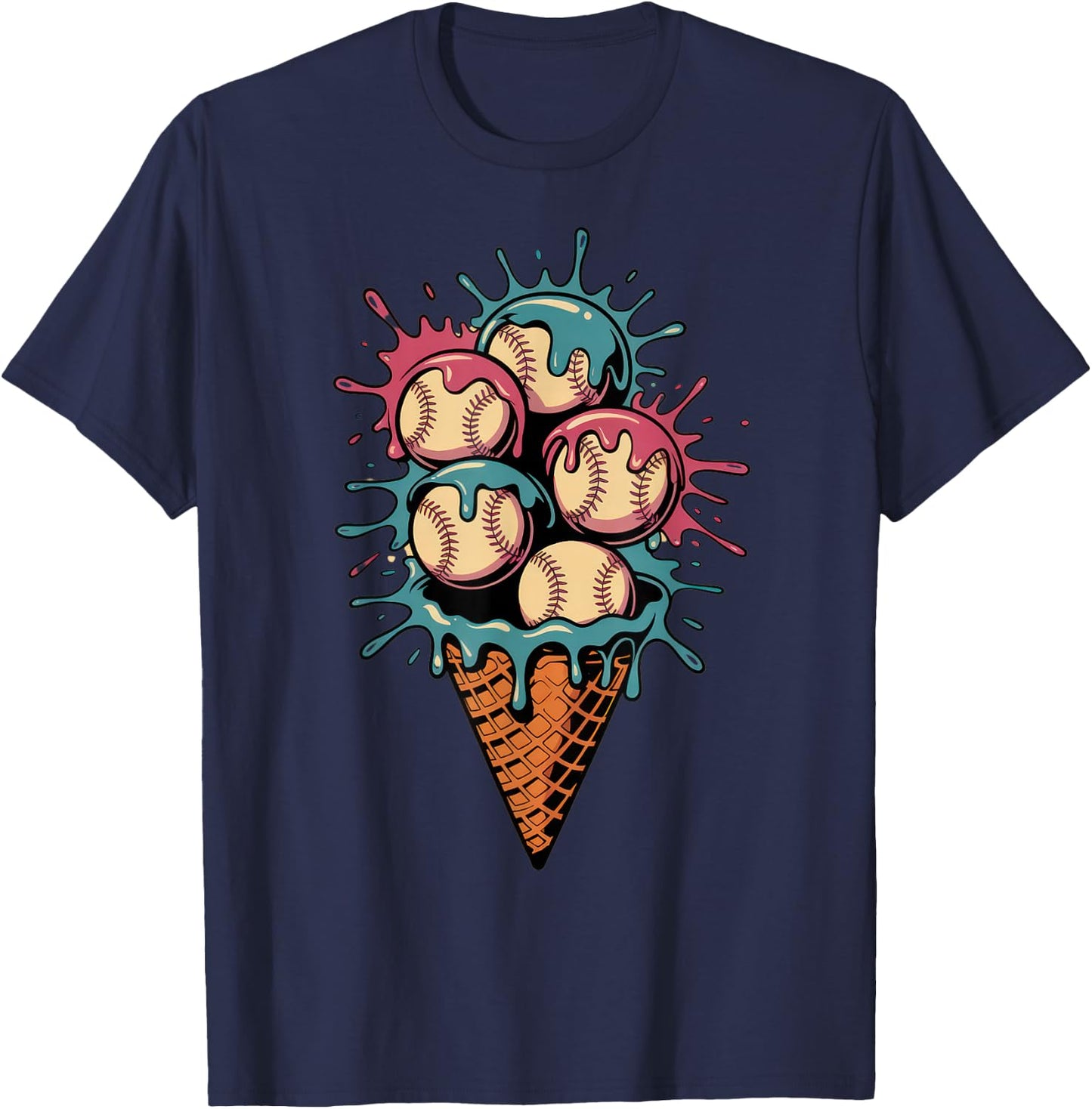Baseball Dripping Ice Cream Drip Youth Boys Baseball T-Shirt - T-Shirt | Navy