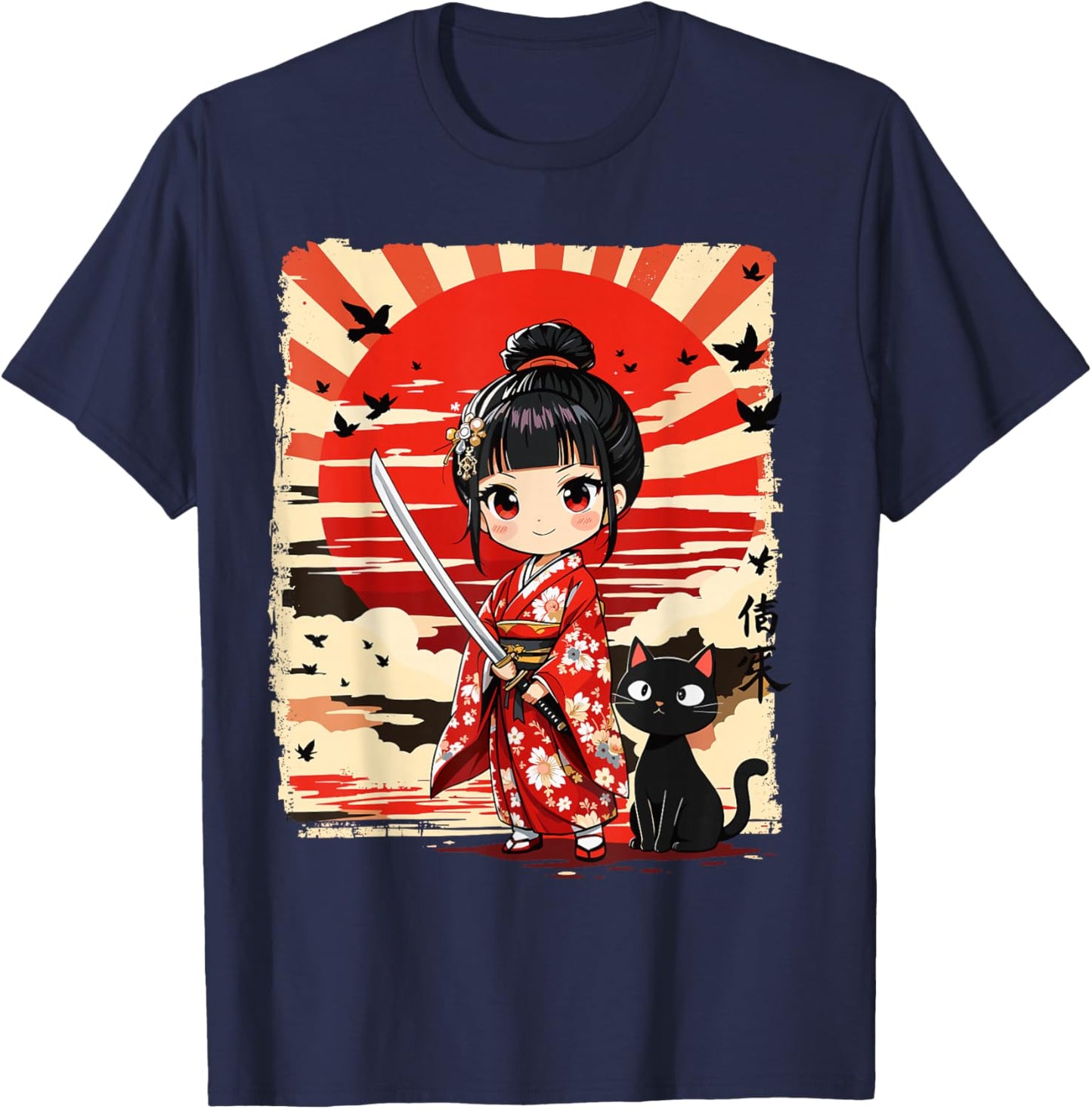Cute Kawaii Samurai Girl and Cat Japanese Anime Kids Girls T-Shirt - T-Shirt | Navy