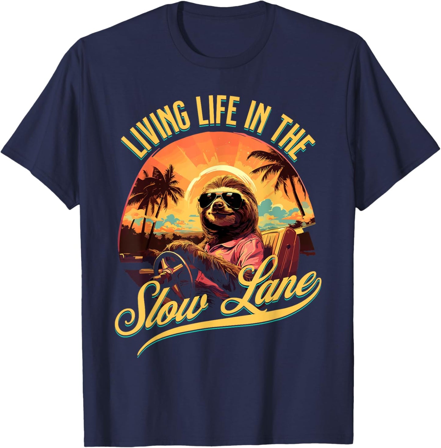 Retro Living Life In The Slow Lane Funny Sloth T-Shirt - T-Shirt | Navy