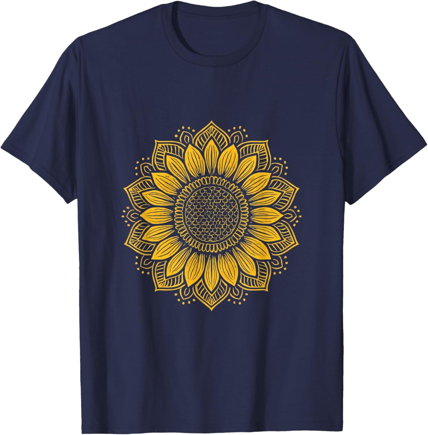 Boho Sunflower Mandala Art Floral Spiritual Yoga Nature T-Shirt - T-Shirt | Navy