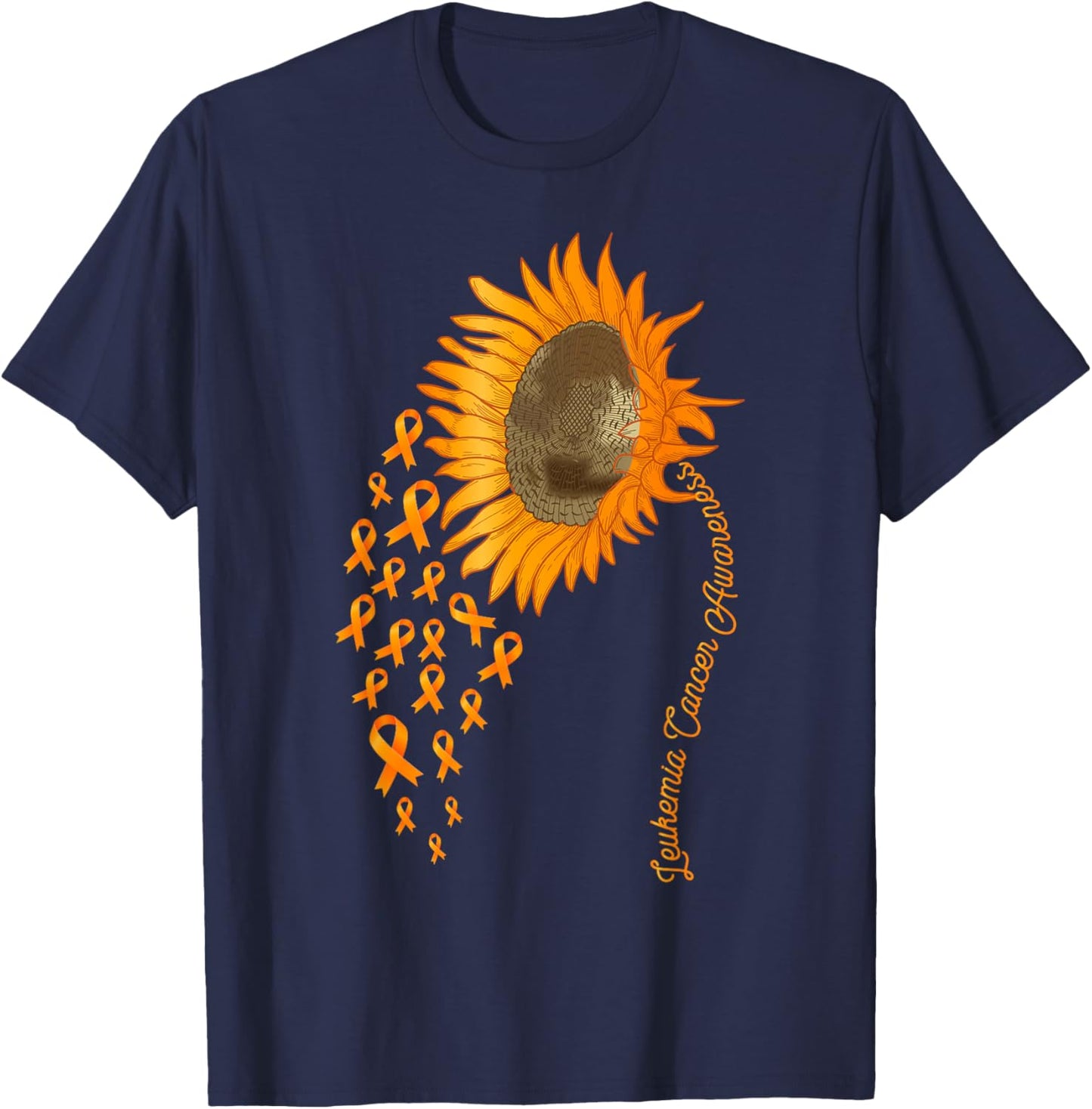 Leukemia Cancer Awareness Sunflower Orange Ribbon T-Shirt - T-Shirt | Navy