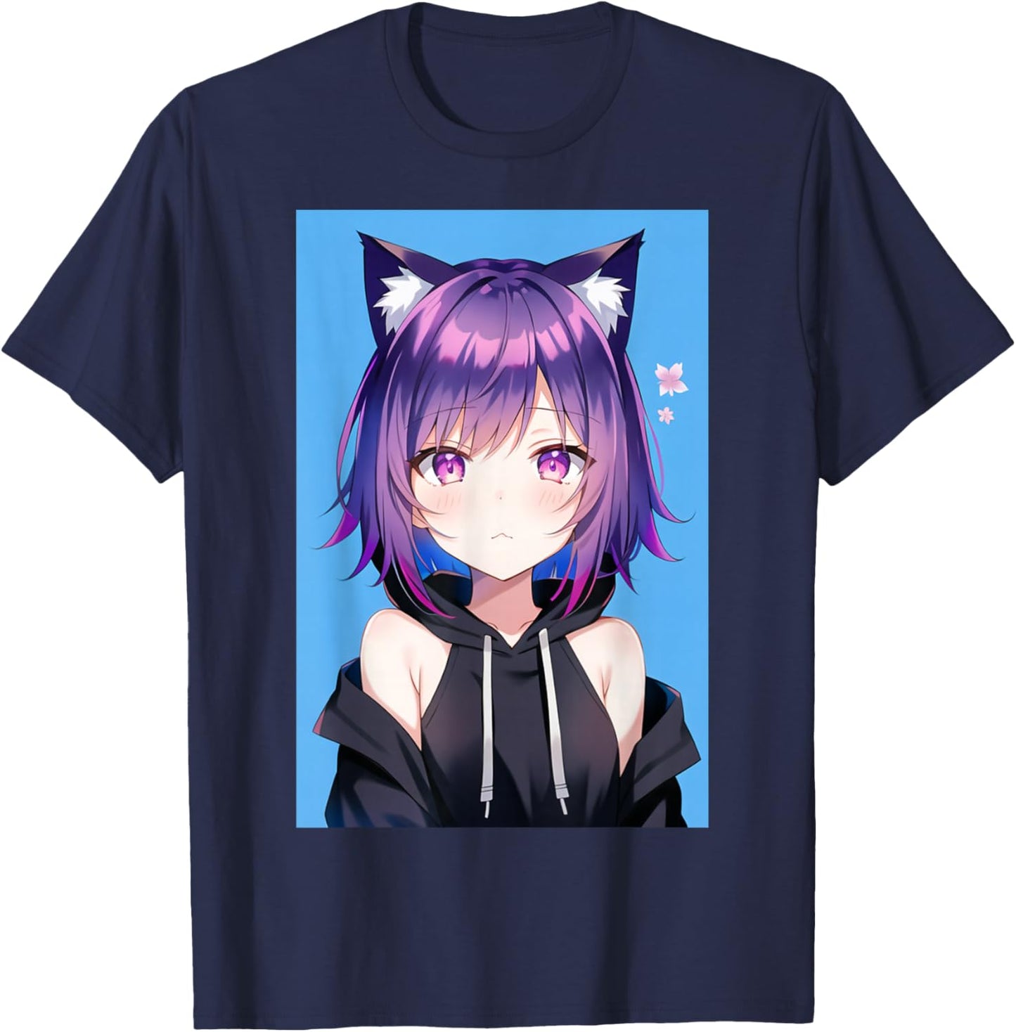 Waifu Neko Anime Cat Girl Japanese Aesthetic T-Shirt - T-Shirt | Navy