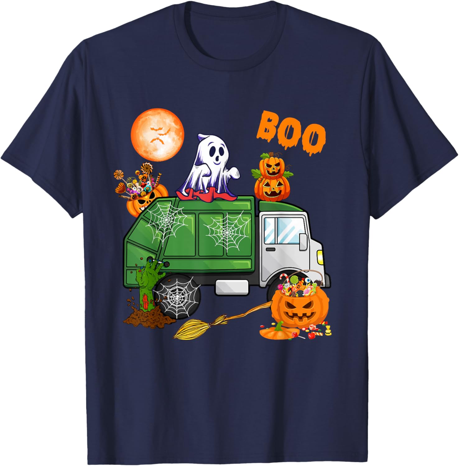 Ghost Driving Garbage Truck With Candy Bag Carved Pumpkin T-Shirt - T-Shirt | Navy