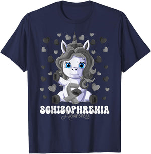 Schizophrenia Awareness Month Silver Ribbon Unicorn T-Shirt - T-Shirt | Navy