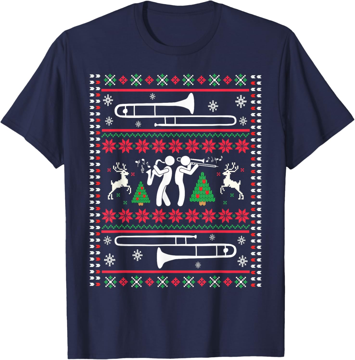 Trombone Christmas Ugly Trombonist Jazz Music Marching Band T-Shirt - T-Shirt | Navy