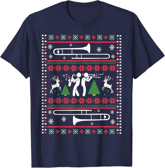 Trombone Christmas Ugly Trombonist Jazz Music Marching Band T-Shirt - T-Shirt | Navy