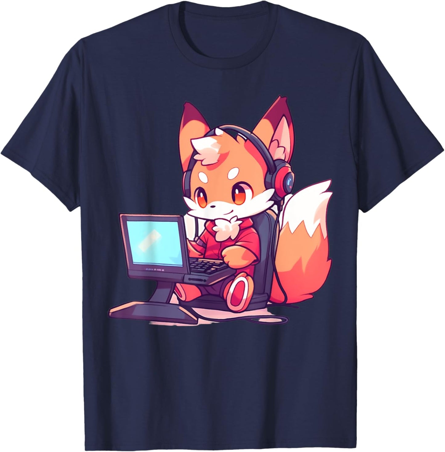 Kawaii Gamer Fox T-Shirt - T-Shirt | Navy