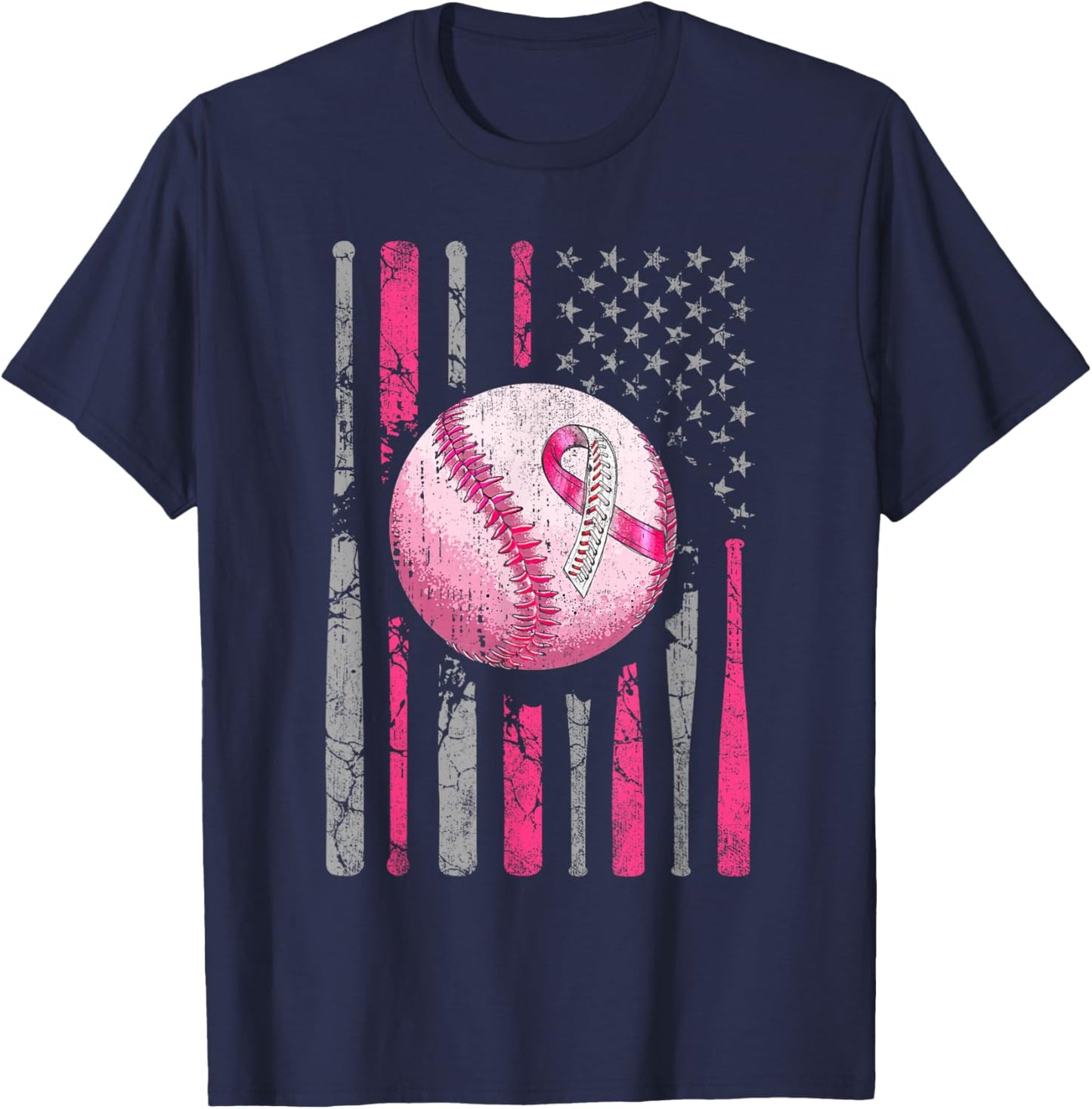 Breast Cancer Baseball Pink Ribboon American Flag Men Women T-Shirt - T-Shirt | Navy