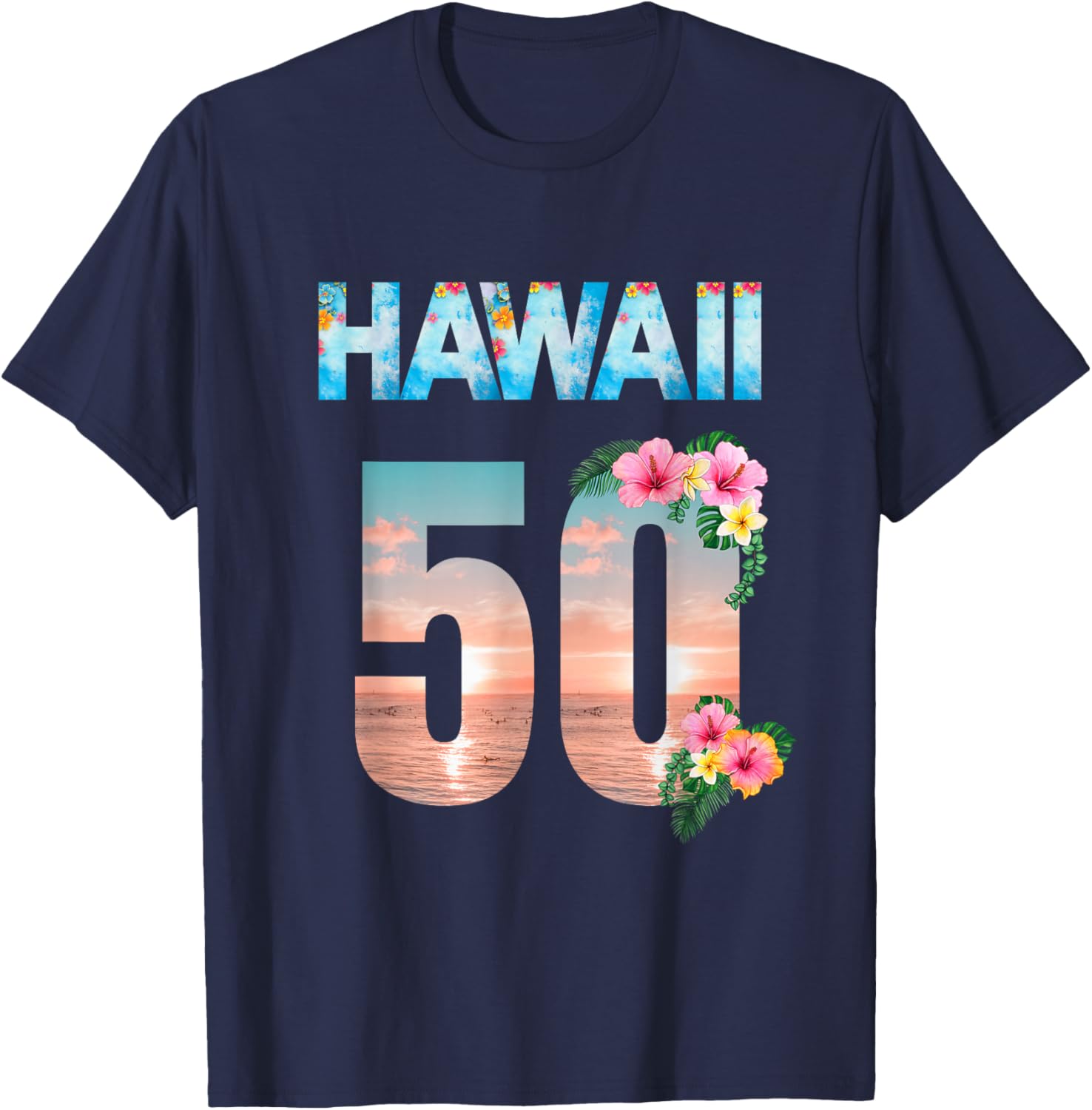 Hawaii 50th Birthday Hawaiian Aloha Beach Hibiscus T-Shirt - T-Shirt | Navy