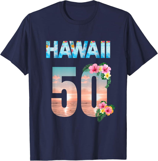 Hawaii 50th Birthday Hawaiian Aloha Beach Hibiscus T-Shirt - T-Shirt | Navy