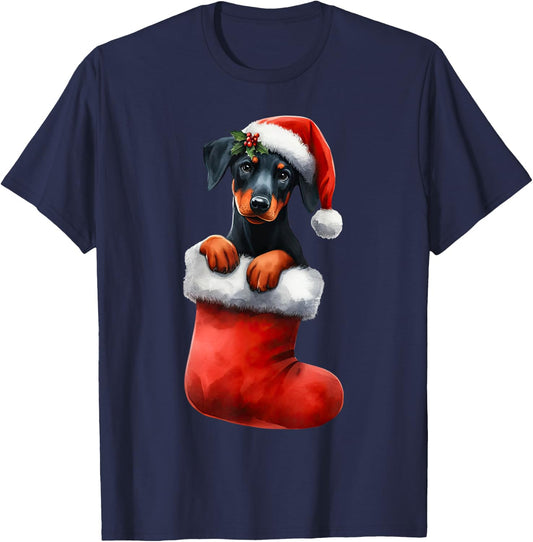 Doberman Pinscher In Sock Christmas Santa Hat Xmas Dog Lover T-Shirt - T-Shirt | Navy