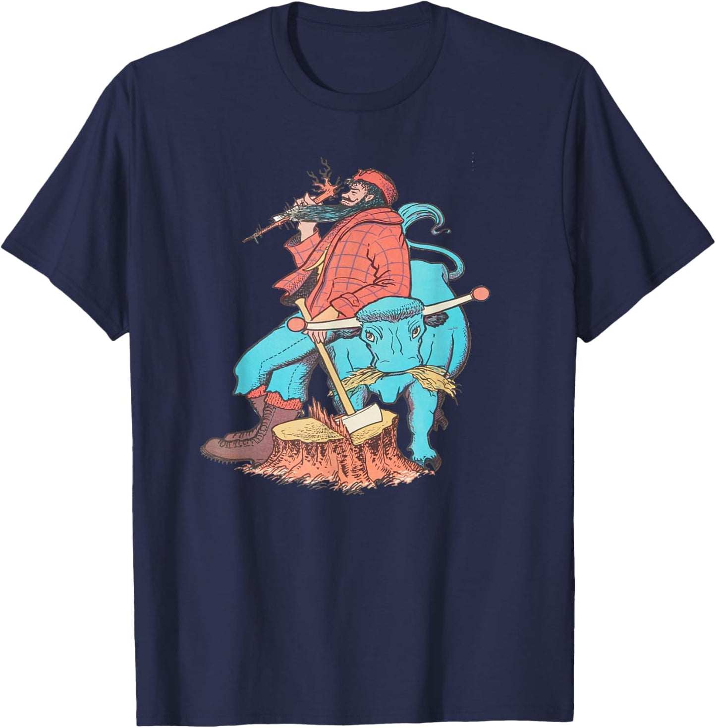American Lumberjack Folk Hero Paul Bunyan & Babe The Blue Ox , Small, Black T-Shirt - T-Shirt | Navy