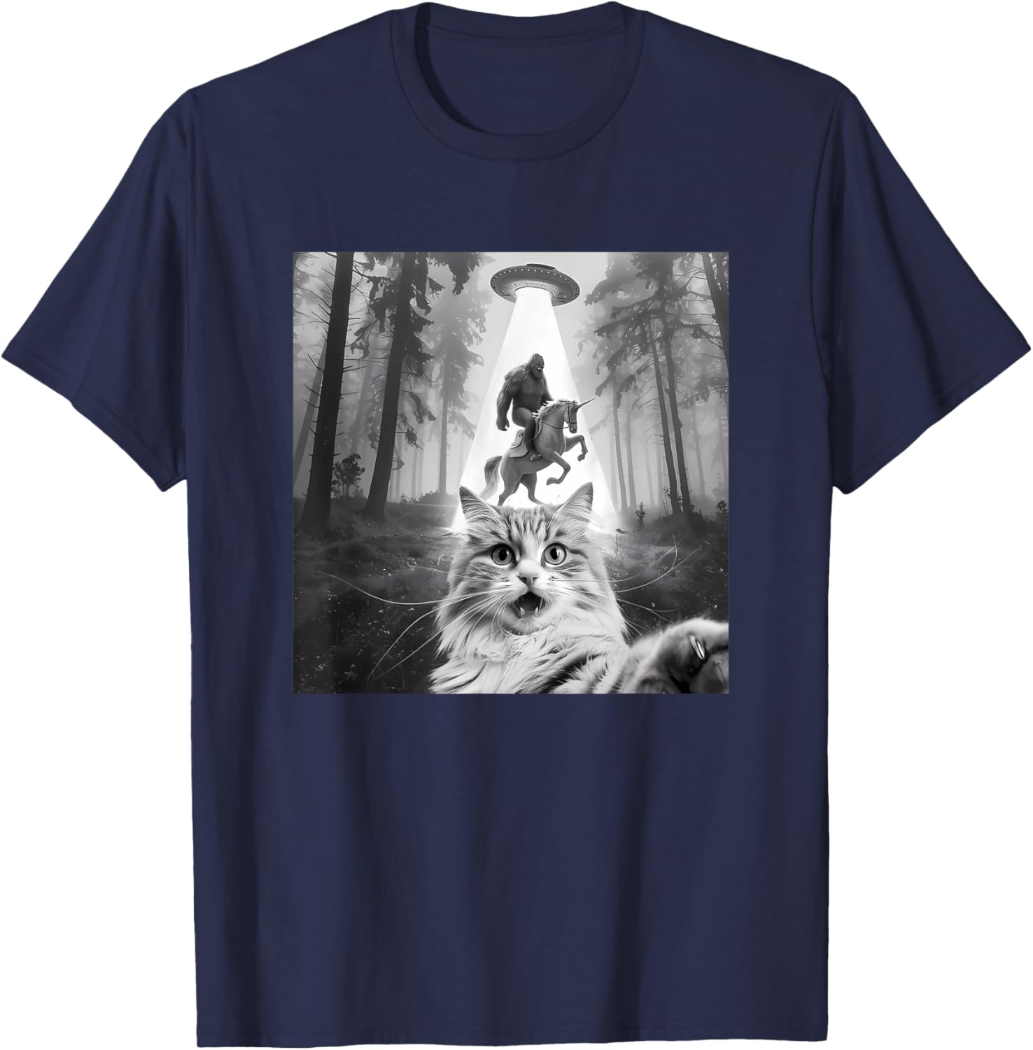 Funny UFO Cat Selfie with Bigfoot Forest Unicorn Sasquatch T-Shirt - T-Shirt | Navy