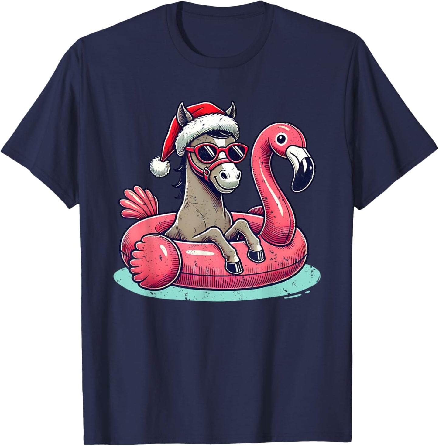 Funny Christmas in July Horse Mom Santa Flamingo Floatie T-Shirt - T-Shirt | Navy