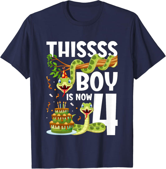 Kids 4th Reptile Birthday 4 Year Old Boy Snake Birthday Party T-Shirt - T-Shirt | Navy