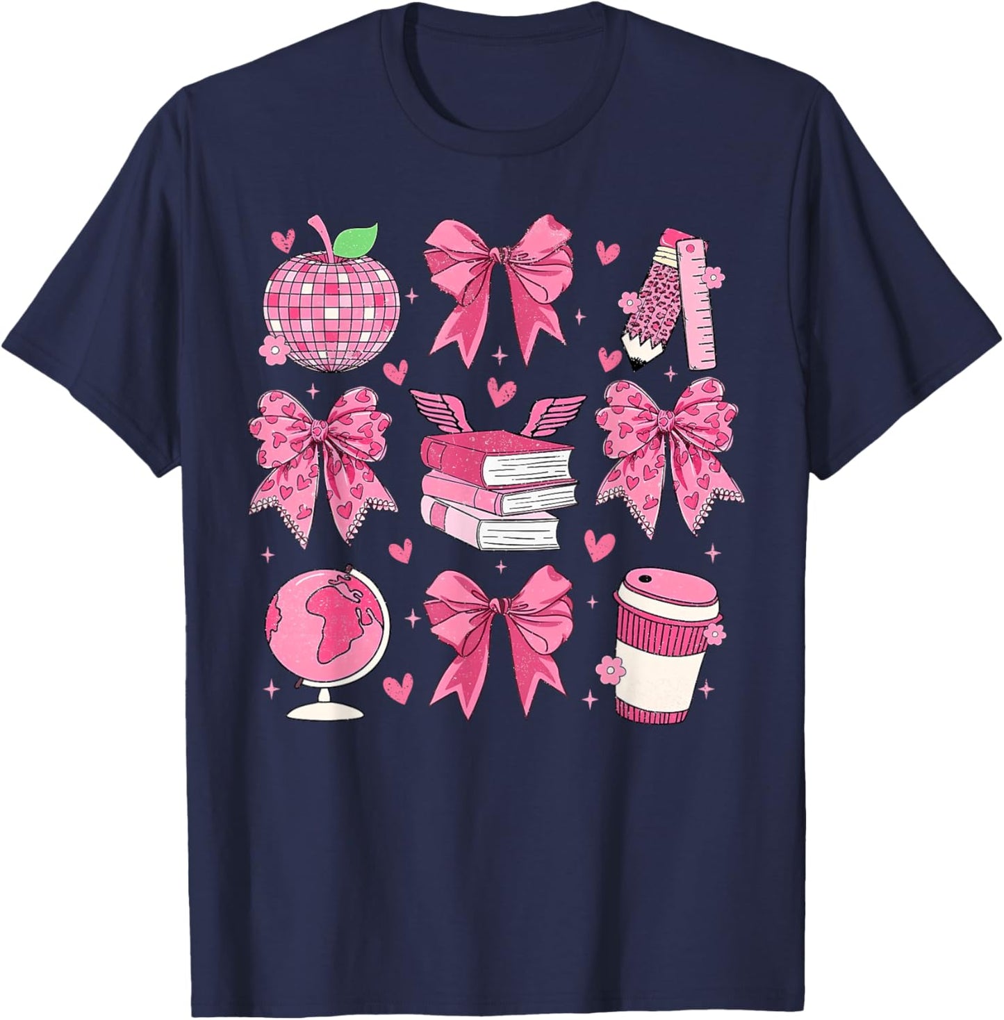 Coquette Pink Bow Apple Teacher Appreciation Valentine Day T-Shirt - T-Shirt | Navy
