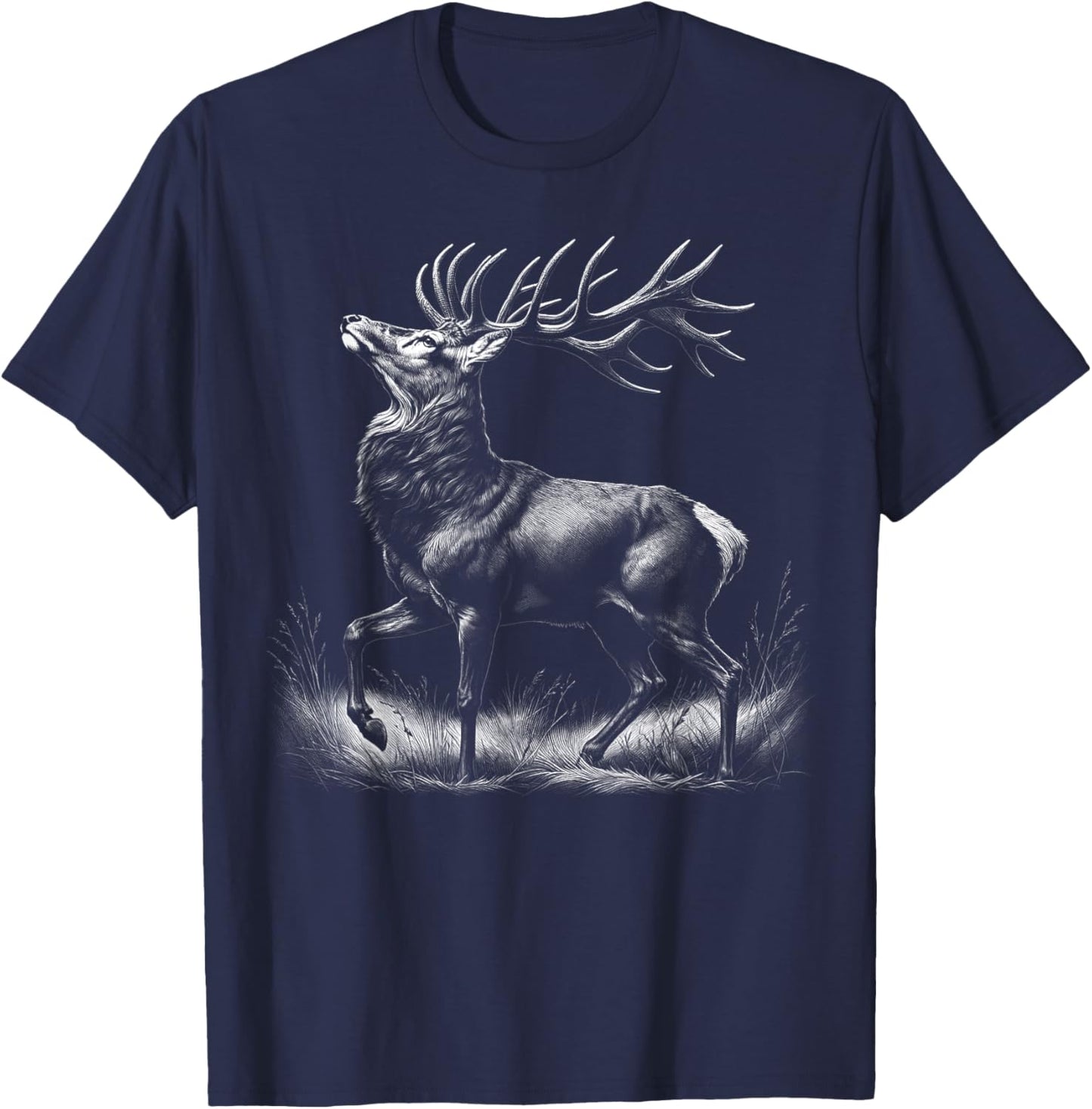 Deer in Proud Pose - Realistic Drawing Style T-Shirt - T-Shirt | Navy