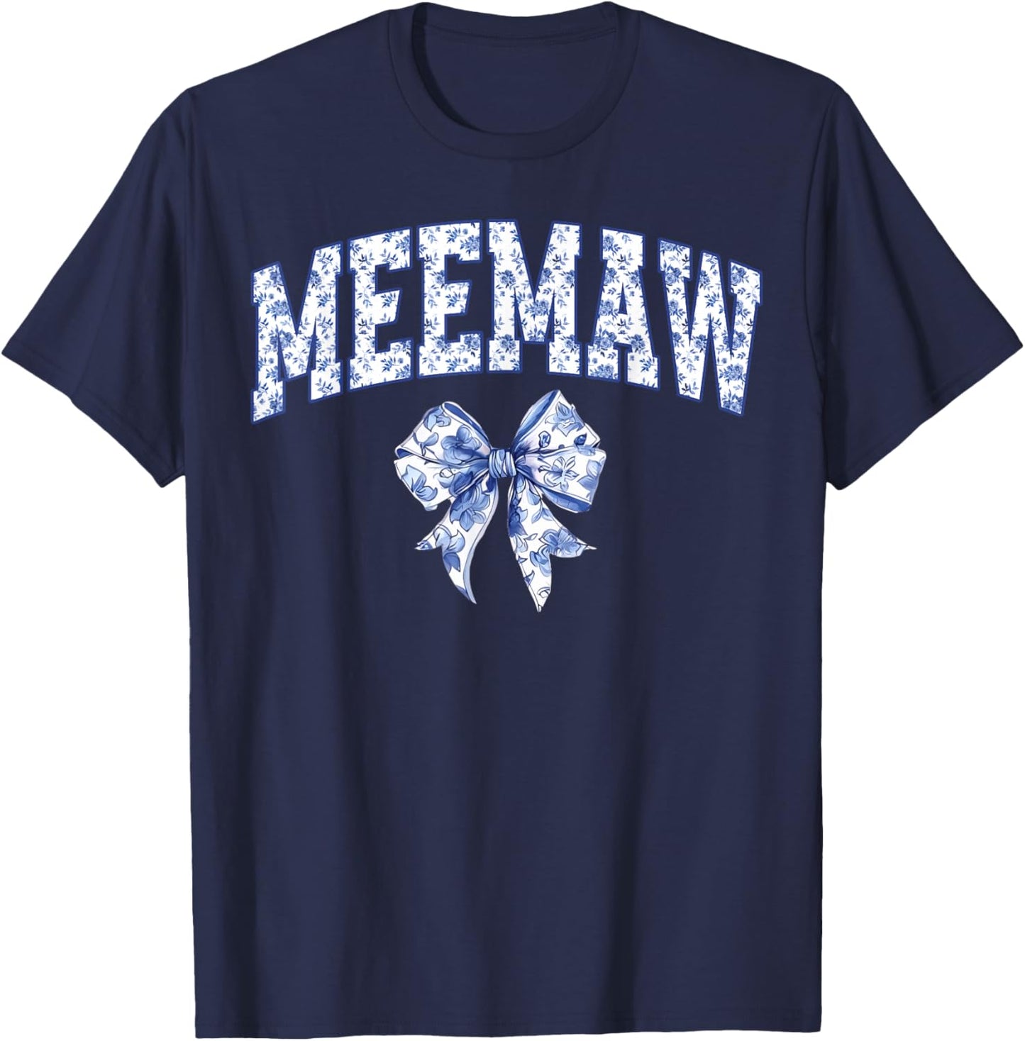 Meemaw Coquette Toile Blue Bow Floral Family Matching T-Shirt - T-Shirt | Navy
