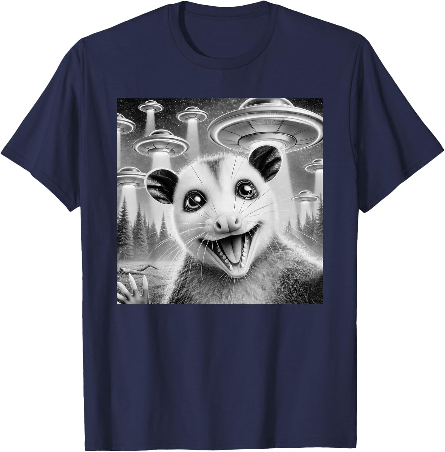 Opossum Selfie With Alien UFO Meme Men Women Kids T-Shirt - T-Shirt | Navy