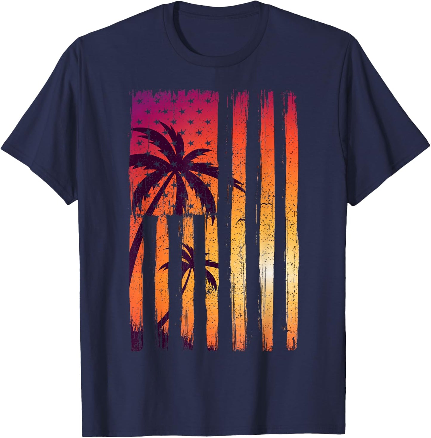 Summer Sunset Palm Trees American Flag Cool Spring Beach T-Shirt - T-Shirt | Navy