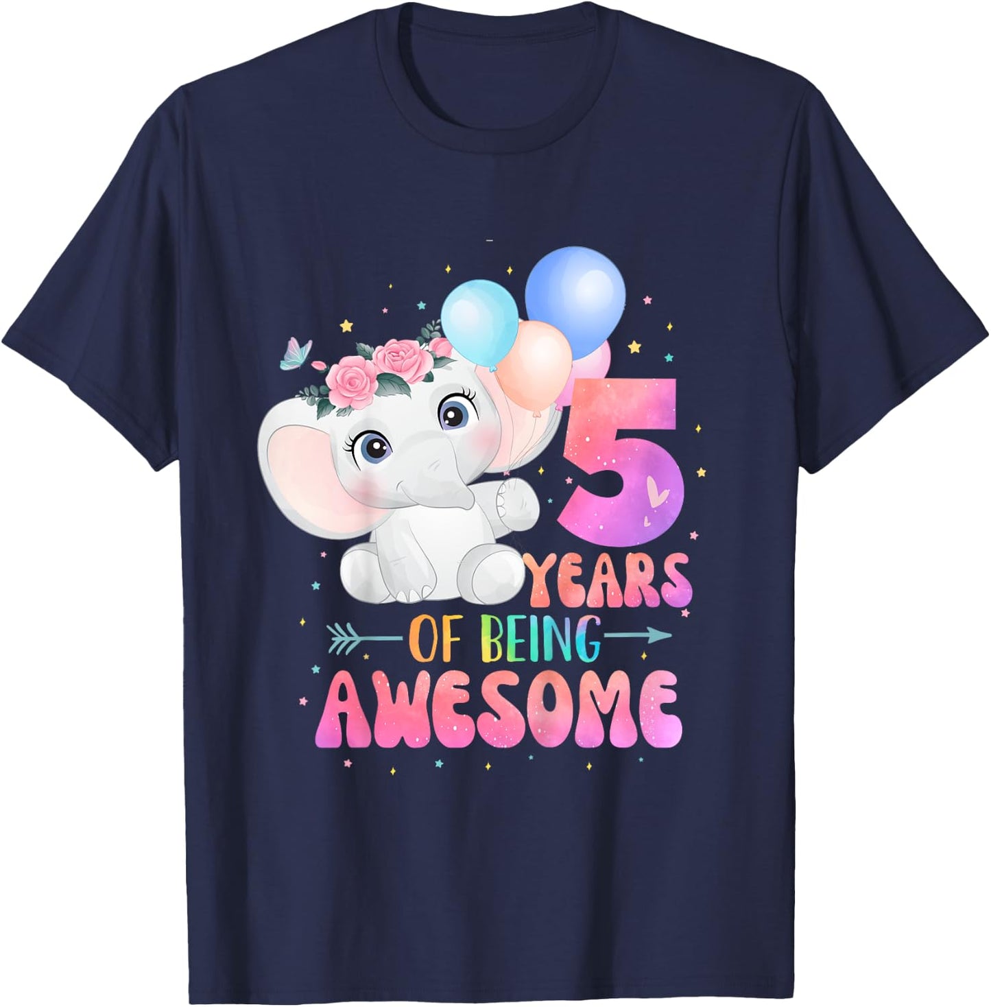 5 Years Of Being Awesome Cute Elephant 5th Birthday Girl T-Shirt - T-Shirt | Navy