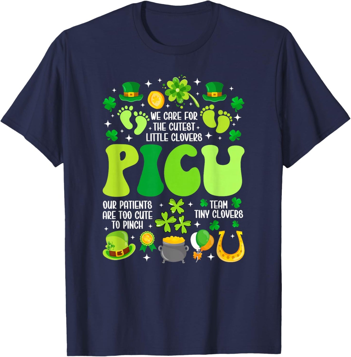Groovy St. Patrick's Day PICU Nurse Shamrock PICU Nursing T-Shirt - T-Shirt | Navy