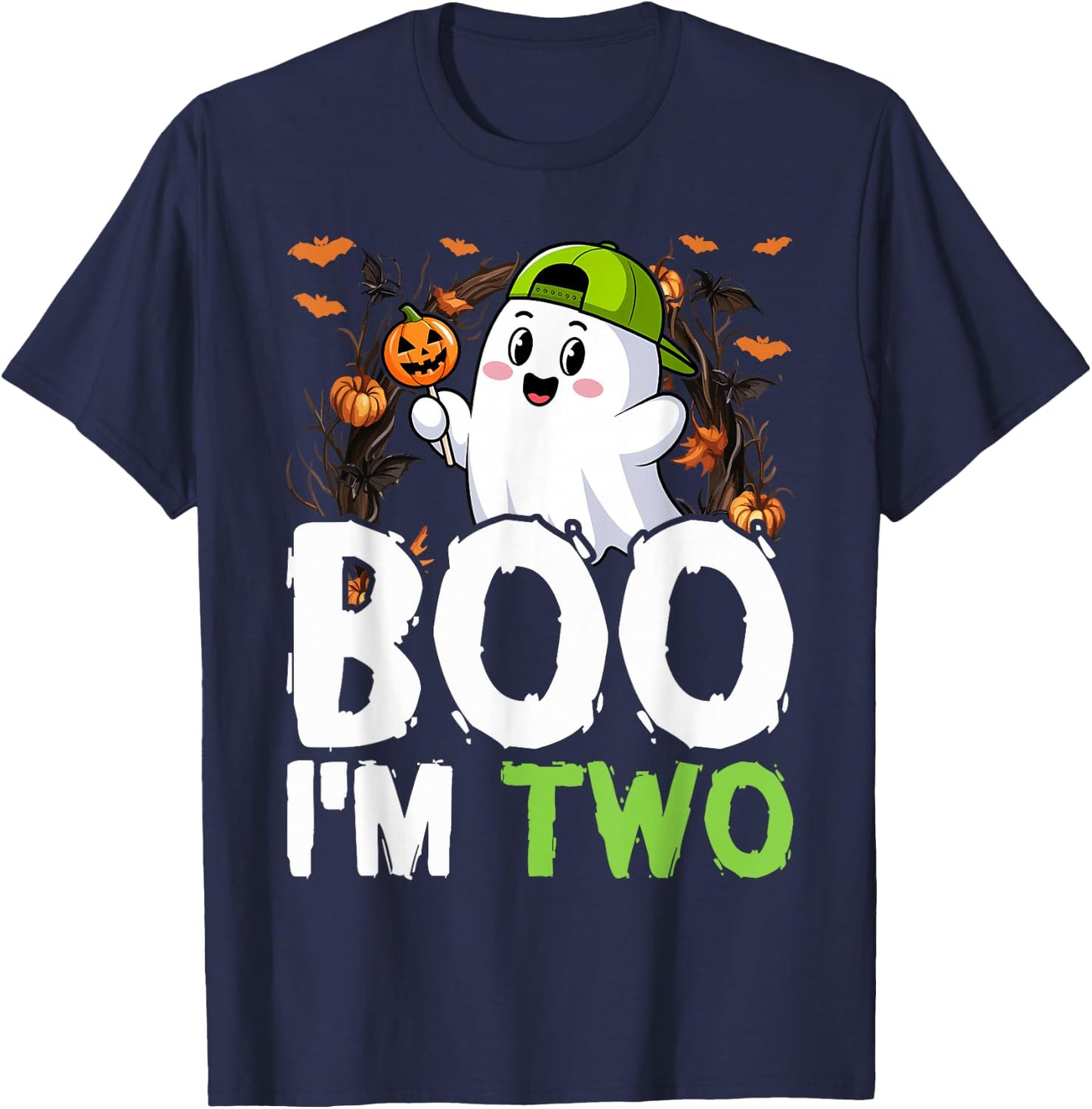 Boo I'm Two Ghost Second 2nd Birthday Cute Halloween Groovy T-Shirt - T-Shirt | Navy