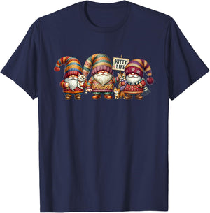 Christmas Gnomes With Cute Kitten For Xmas Funny Cat Lady T-Shirt - T-Shirt | Navy