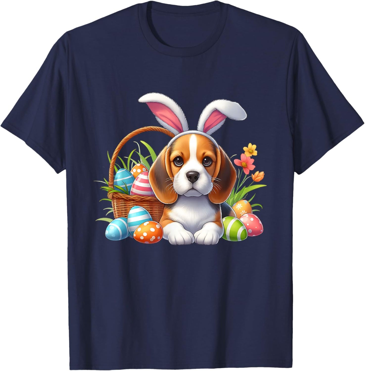 Beagle with Easter Bunny Ears and Colorful Easter Eggs T-Shirt - T-Shirt | Navy
