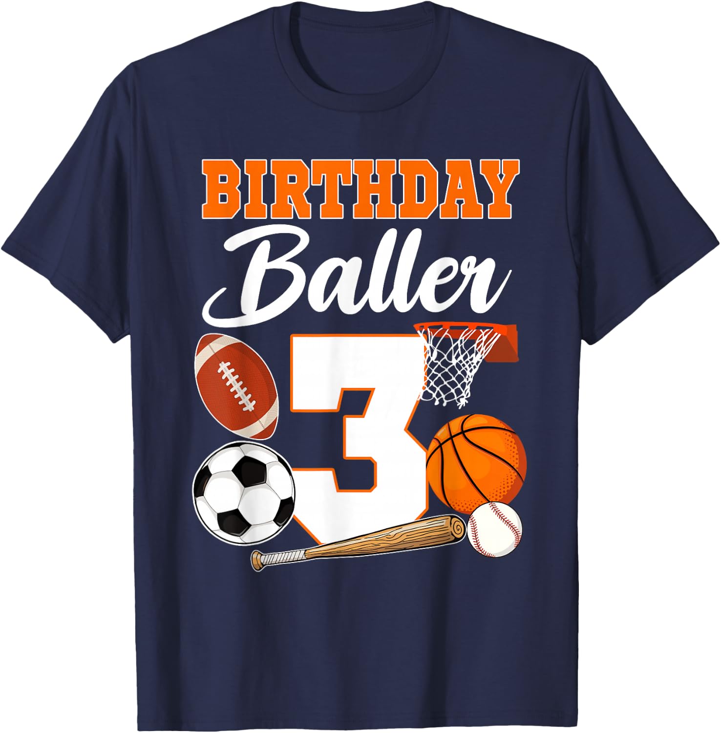3rd Birthday Sport Balls Theme 3 Year Old Birthday Baller T-Shirt - T-Shirt | Navy