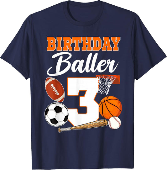 3rd Birthday Sport Balls Theme 3 Year Old Birthday Baller T-Shirt - T-Shirt | Navy