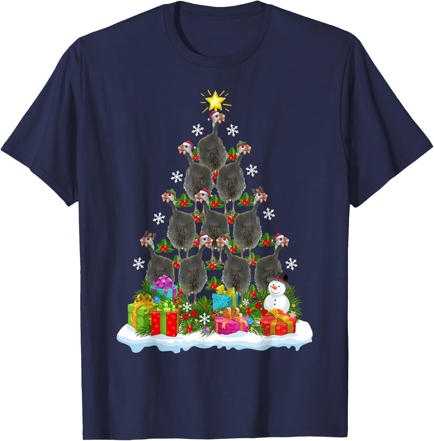 Guinea Fowl Bird Christmas Tree Gifts -Kids Xmas Holiday Funny Guinea Fowl Bird Christmas Tree Black Animal Print Modern Novelty Cotton 60% Polyester 40% Kids Small T-Shirt - T-Shirt | Navy
