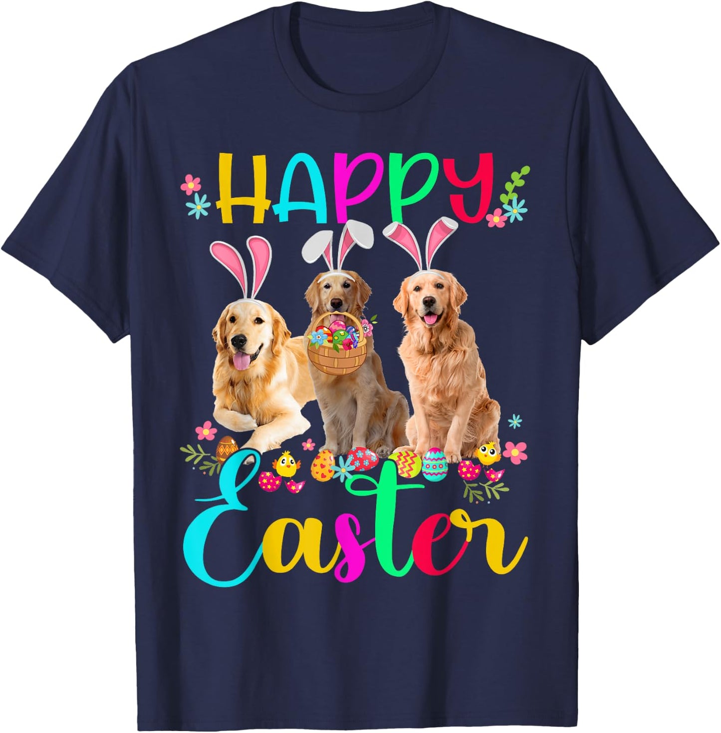 Happy Easter Three Golden Retriever Wearing Bunny Ear Gifts T-Shirt - T-Shirt | Navy