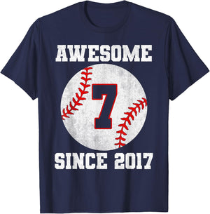 7th Birthday 7 Years Old Baseball Awesome Since 2017 Boys T-Shirt - T-Shirt | Navy